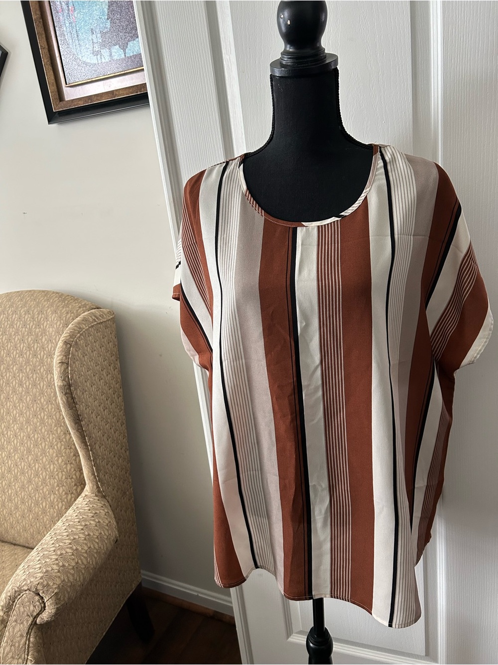 SHEIN Brown and Cream Vertical Stripe Blouse